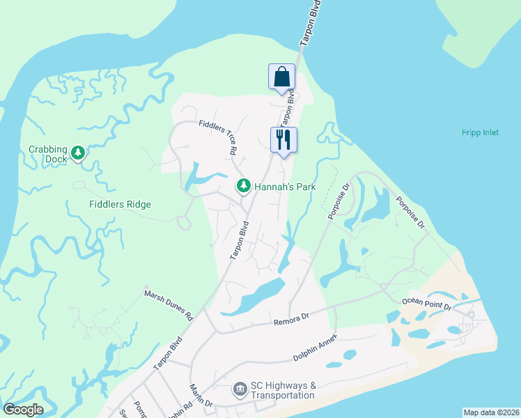 map of restaurants, bars, coffee shops, grocery stores, and more near 227 Deer Run Lane in Fripp Island