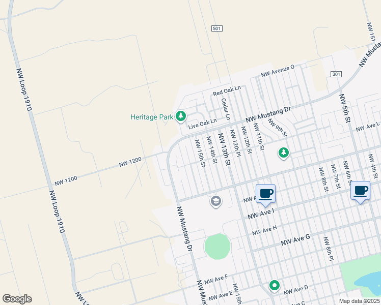 map of restaurants, bars, coffee shops, grocery stores, and more near 1306 Northwest 16th Street in Andrews