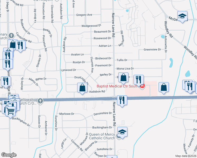 map of restaurants, bars, coffee shops, grocery stores, and more near 1108 Barley Drive in Montgomery