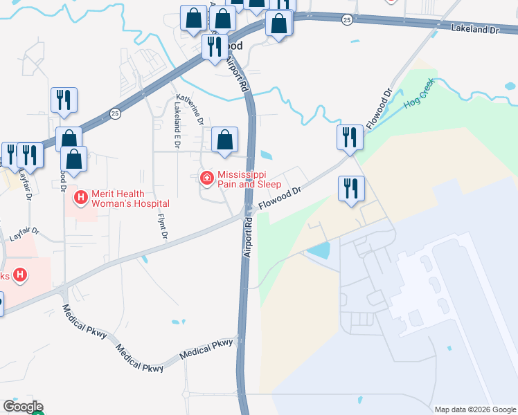 map of restaurants, bars, coffee shops, grocery stores, and more near 3298 Flowood Drive in Flowood