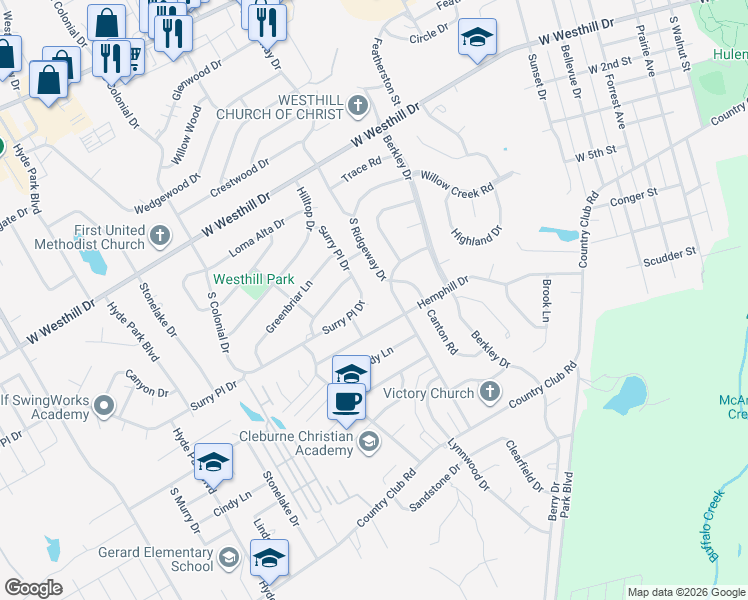 map of restaurants, bars, coffee shops, grocery stores, and more near 927 Surry Place Drive in Cleburne