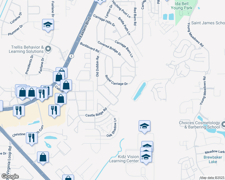 map of restaurants, bars, coffee shops, grocery stores, and more near 3414 North Water Mill Road in Montgomery