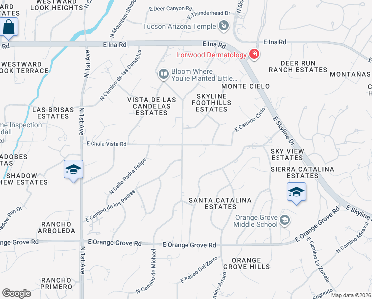 map of restaurants, bars, coffee shops, grocery stores, and more near 1300 East Chula Vista Road in Tucson