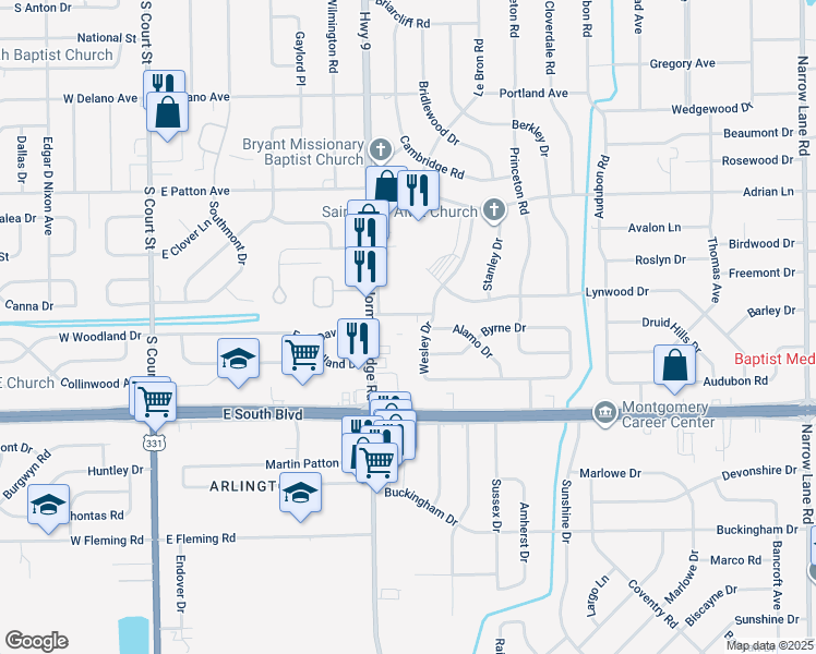 map of restaurants, bars, coffee shops, grocery stores, and more near 511 Winston Drive in Montgomery
