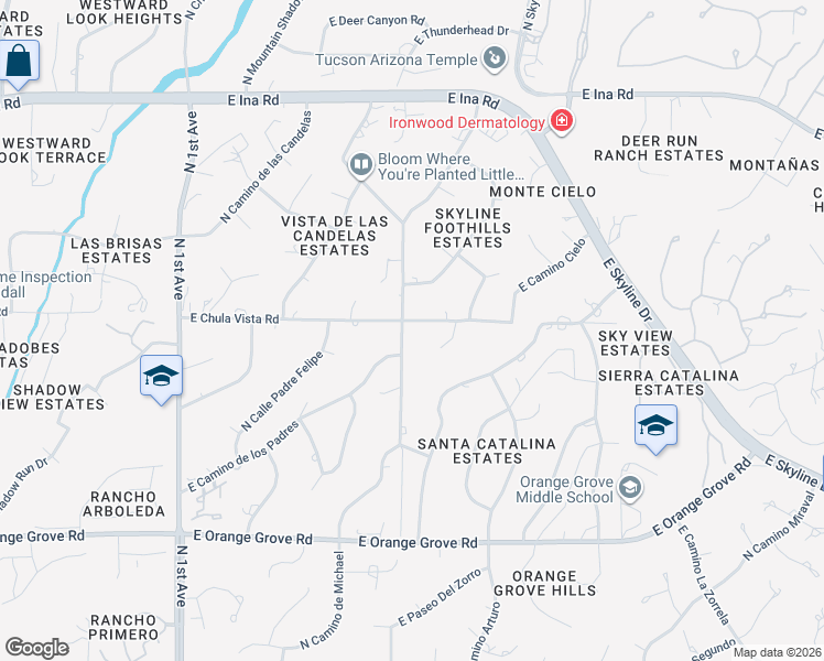 map of restaurants, bars, coffee shops, grocery stores, and more near 1300 East Chula Vista Road in Tucson