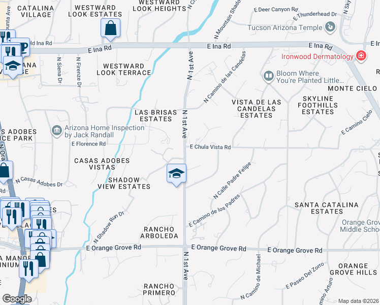 map of restaurants, bars, coffee shops, grocery stores, and more near 700 East Chula Vista Road in Tucson
