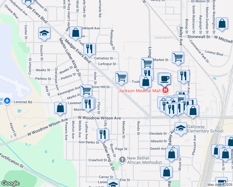 map of restaurants, bars, coffee shops, grocery stores, and more near 801 Hollingsworth Street in Jackson