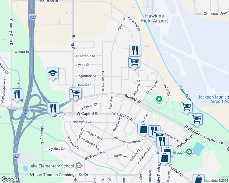 map of restaurants, bars, coffee shops, grocery stores, and more near 204 Ford Avenue in Jackson