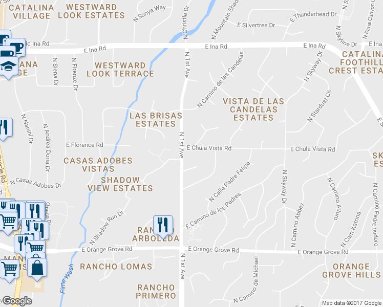 map of restaurants, bars, coffee shops, grocery stores, and more near 720 East Chula Vista Road in Tucson