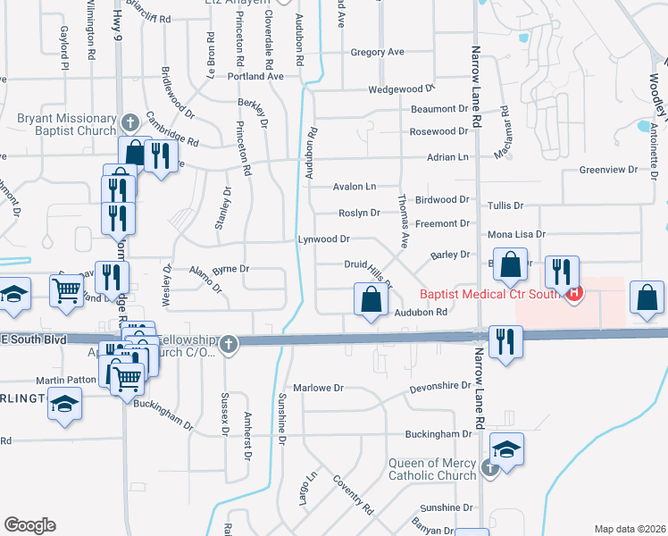 map of restaurants, bars, coffee shops, grocery stores, and more near 1018 Druid Hills Drive in Montgomery