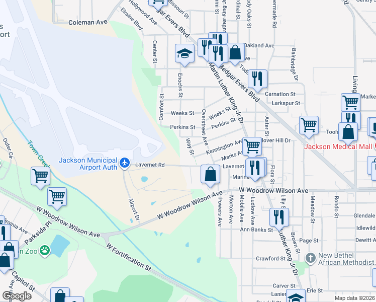 map of restaurants, bars, coffee shops, grocery stores, and more near 2719 Way St in Jackson