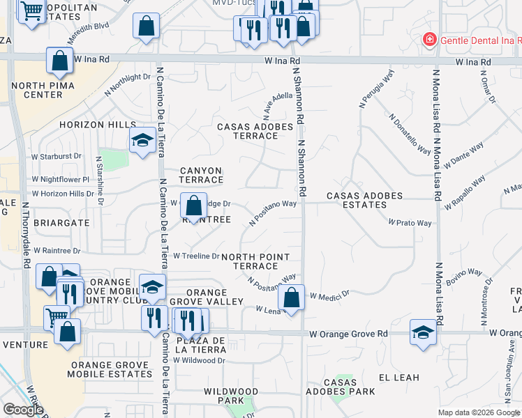 map of restaurants, bars, coffee shops, grocery stores, and more near 6737 North Positano Way in Tucson