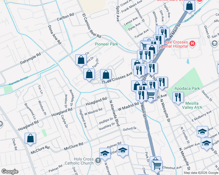 map of restaurants, bars, coffee shops, grocery stores, and more near 2090 Alameda Boulevard in Las Cruces