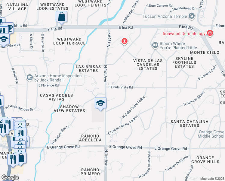 map of restaurants, bars, coffee shops, grocery stores, and more near 720 East Chula Vista Road in Tucson