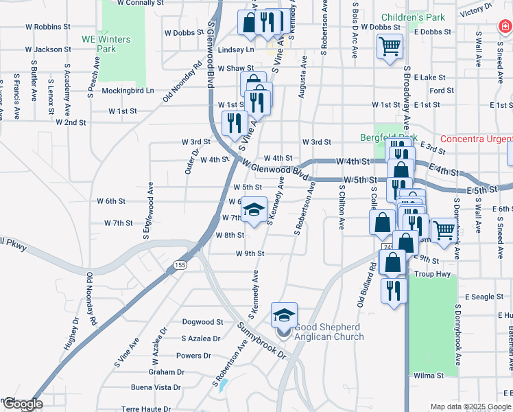 map of restaurants, bars, coffee shops, grocery stores, and more near 822 West 6th Street in Tyler