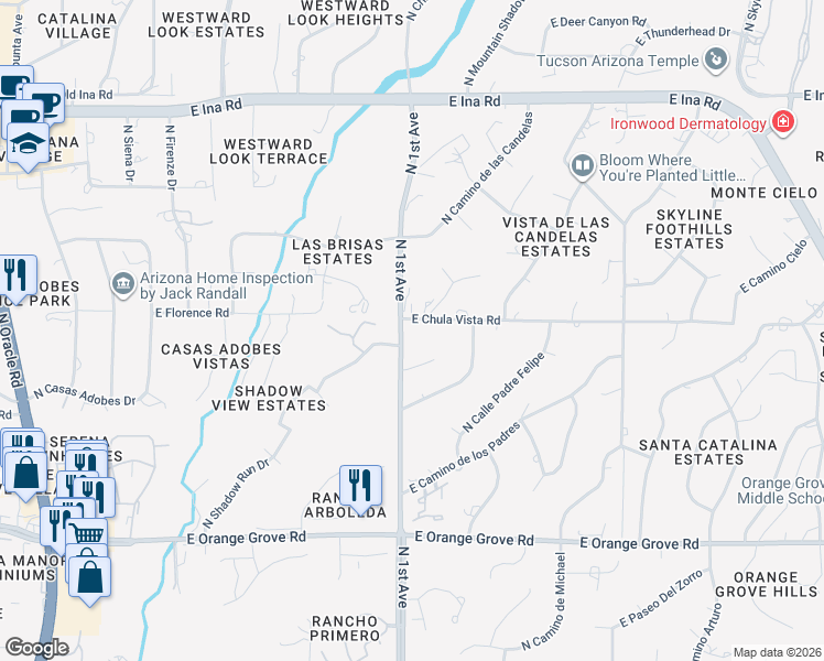 map of restaurants, bars, coffee shops, grocery stores, and more near 700 East Chula Vista Road in Tucson