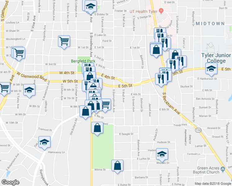 map of restaurants, bars, coffee shops, grocery stores, and more near 1810 South Donnybrook Avenue in Tyler