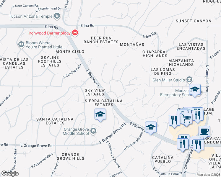 map of restaurants, bars, coffee shops, grocery stores, and more near 2121 East Círculo Solaz in Tucson