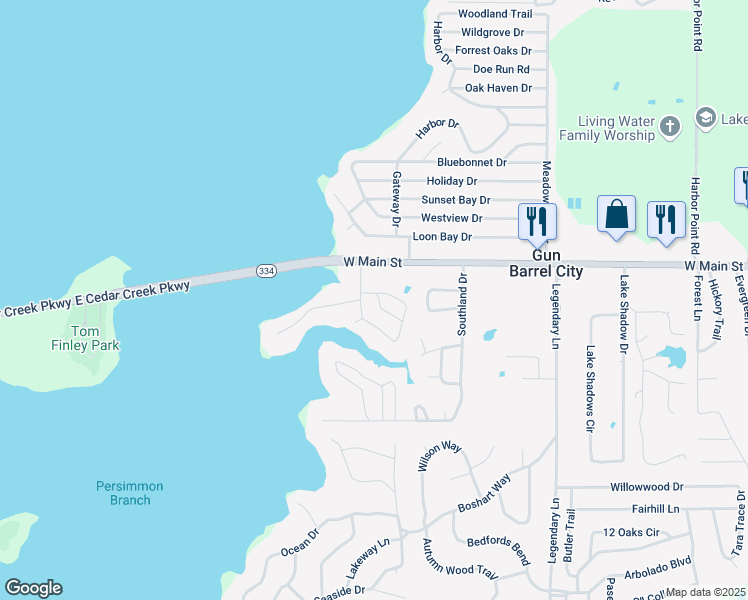 map of restaurants, bars, coffee shops, grocery stores, and more near 101 Sharpe Drive in Gun Barrel City