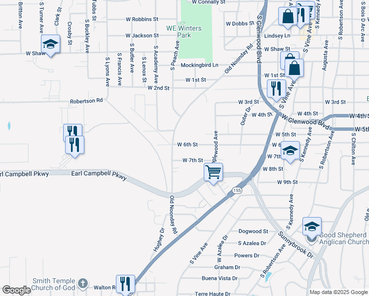map of restaurants, bars, coffee shops, grocery stores, and more near 1702 West 6th Street in Tyler