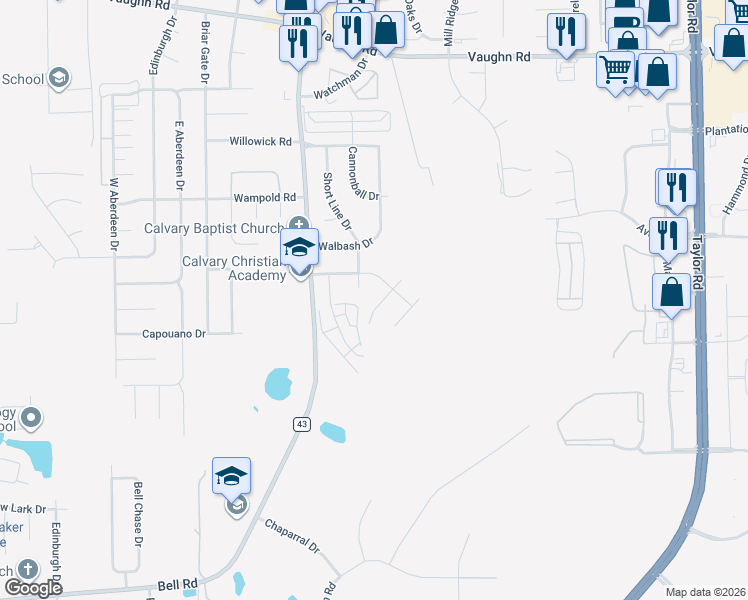 map of restaurants, bars, coffee shops, grocery stores, and more near 3612 Farmfield Lane in Montgomery