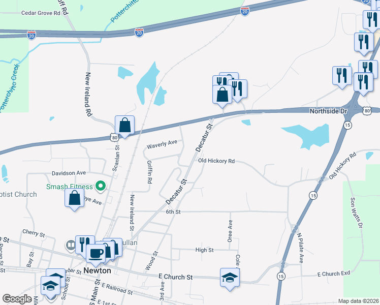 map of restaurants, bars, coffee shops, grocery stores, and more near 801 Decatur Street in Newton