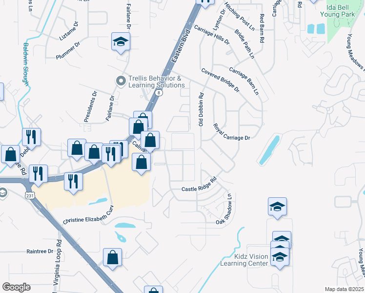 map of restaurants, bars, coffee shops, grocery stores, and more near 5723 Calmar Drive in Montgomery