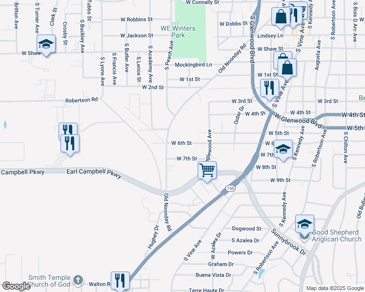 map of restaurants, bars, coffee shops, grocery stores, and more near 1622 West 6th Street in Tyler