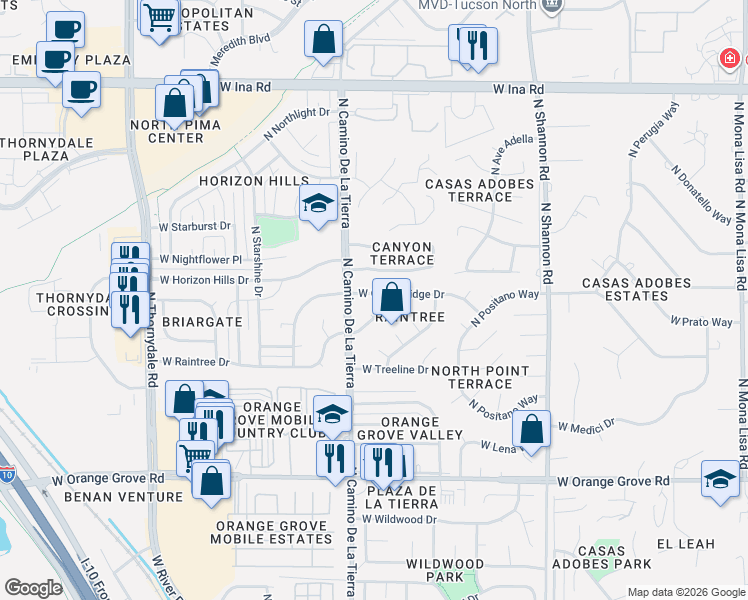 map of restaurants, bars, coffee shops, grocery stores, and more near 3273 West Green Ridge Drive in Tucson