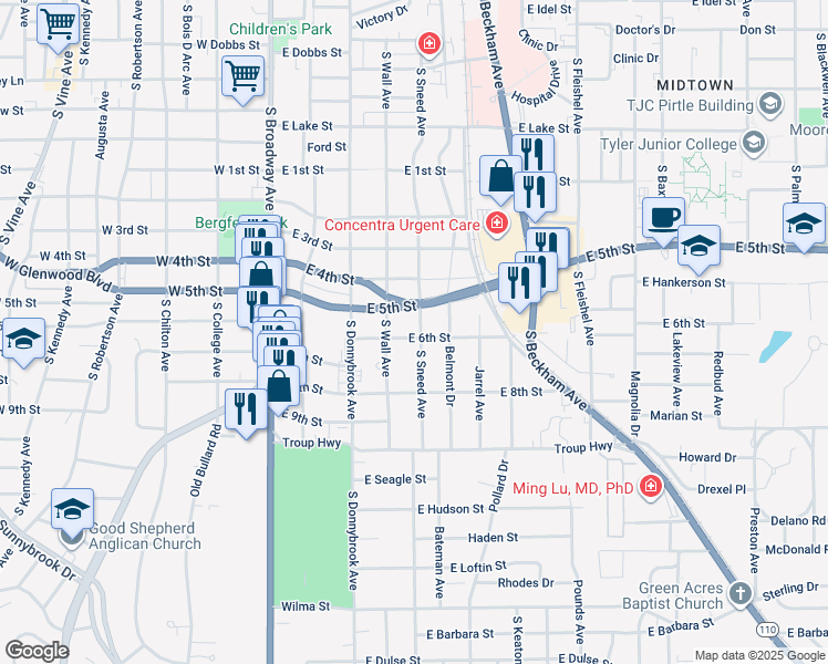 map of restaurants, bars, coffee shops, grocery stores, and more near 1809 South Sneed Avenue in Tyler