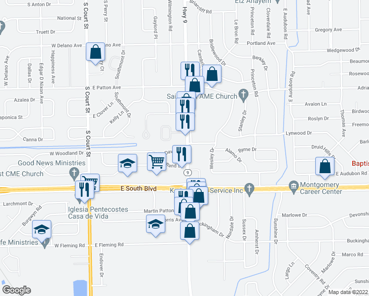 map of restaurants, bars, coffee shops, grocery stores, and more near 3796 Norman Bridge Road in Montgomery