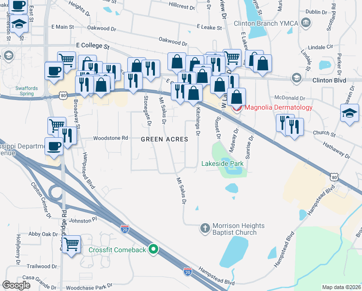 map of restaurants, bars, coffee shops, grocery stores, and more near 216 Hannah Drive in Clinton