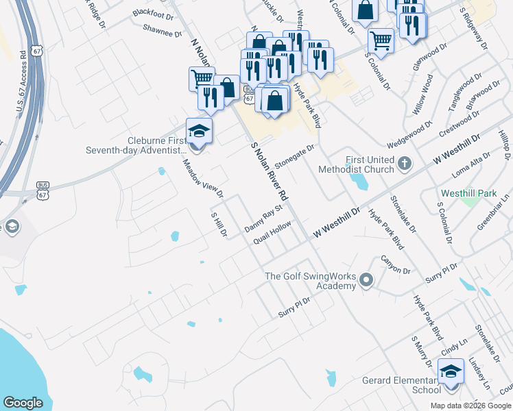 map of restaurants, bars, coffee shops, grocery stores, and more near 1608 Danny Ray in Cleburne