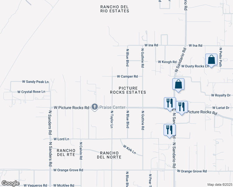 map of restaurants, bars, coffee shops, grocery stores, and more near 6860 North Taylor Lane in Tucson