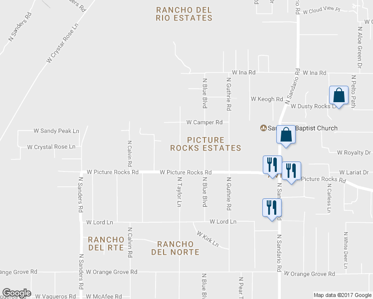 map of restaurants, bars, coffee shops, grocery stores, and more near 6860 North Taylor Lane in Tucson