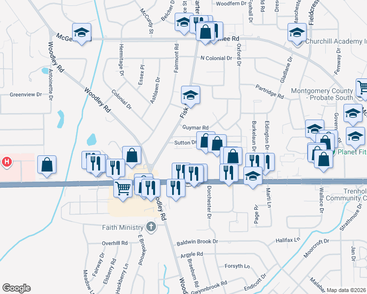 map of restaurants, bars, coffee shops, grocery stores, and more near 3023 Sutton Drive in Montgomery