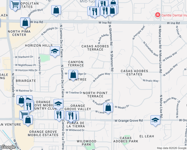 map of restaurants, bars, coffee shops, grocery stores, and more near 6737 North Positano Way in Tucson