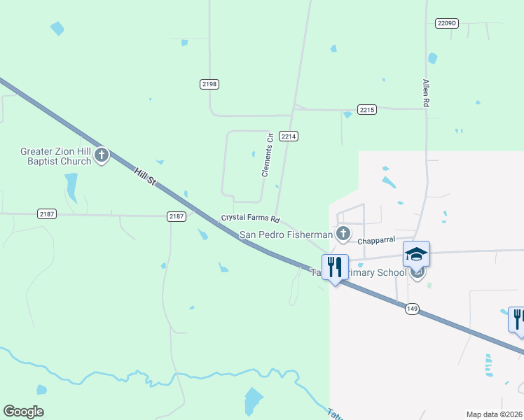 map of restaurants, bars, coffee shops, grocery stores, and more near 2257 Crystal Farms Road in Tatum
