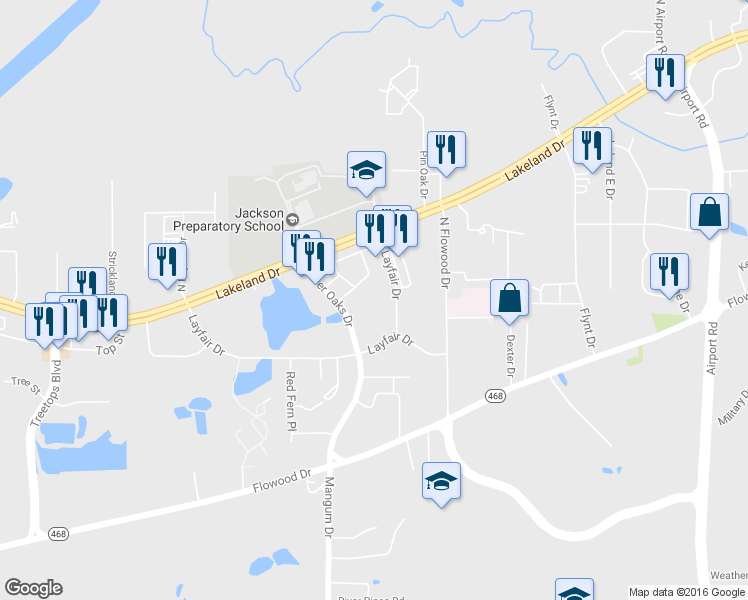 map of restaurants, bars, coffee shops, grocery stores, and more near East Layfair Drive in Flowood