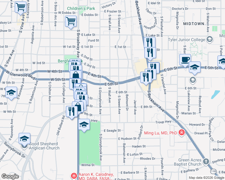 map of restaurants, bars, coffee shops, grocery stores, and more near 510 East 6th Street in Tyler