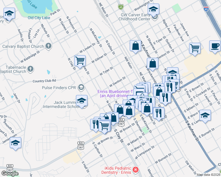 map of restaurants, bars, coffee shops, grocery stores, and more near 408 West Decatur Street in Ennis