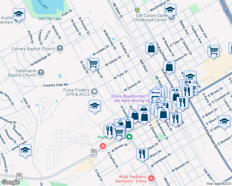 map of restaurants, bars, coffee shops, grocery stores, and more near 510 West Denton Street in Ennis