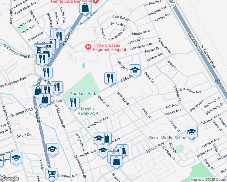 map of restaurants, bars, coffee shops, grocery stores, and more near 1205 East Hernandez Road in Las Cruces