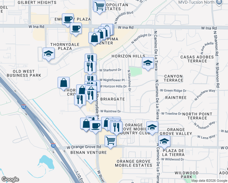 map of restaurants, bars, coffee shops, grocery stores, and more near 3691 West Briargate Drive in Tucson