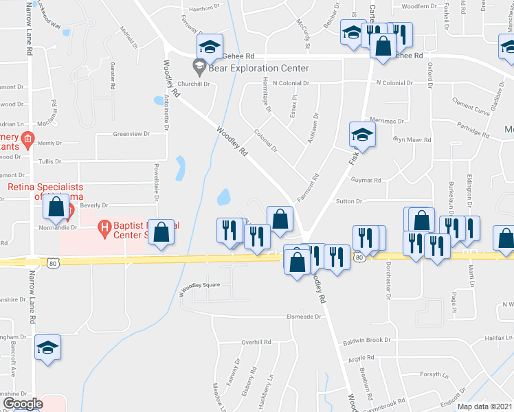 map of restaurants, bars, coffee shops, grocery stores, and more near 2259 Bonaparte Boulevard in Montgomery