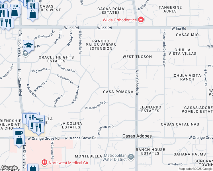 map of restaurants, bars, coffee shops, grocery stores, and more near 6805 North Pomona Road in Tucson