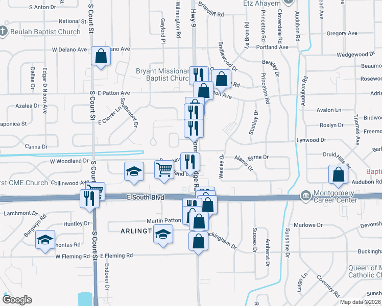 map of restaurants, bars, coffee shops, grocery stores, and more near 3796 Norman Bridge Road in Montgomery