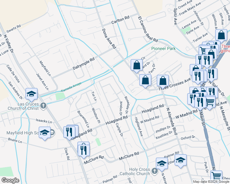 map of restaurants, bars, coffee shops, grocery stores, and more near 2161 Avalon Drive in Las Cruces