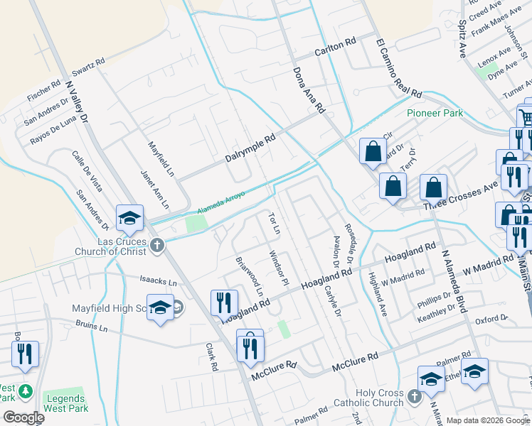 map of restaurants, bars, coffee shops, grocery stores, and more near 2144 Tor Lane in Las Cruces