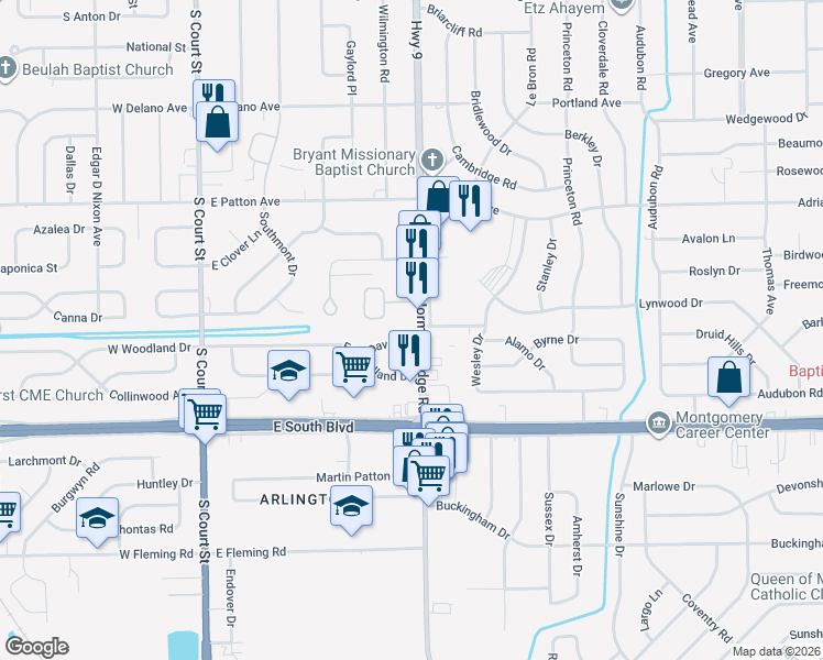 map of restaurants, bars, coffee shops, grocery stores, and more near 3796 Norman Bridge Road in Montgomery